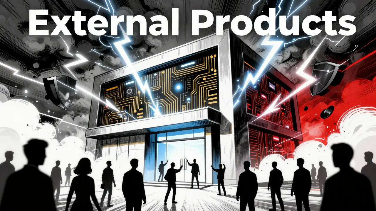 Dramatic illustration of a high-security external product defending against cyber storms.