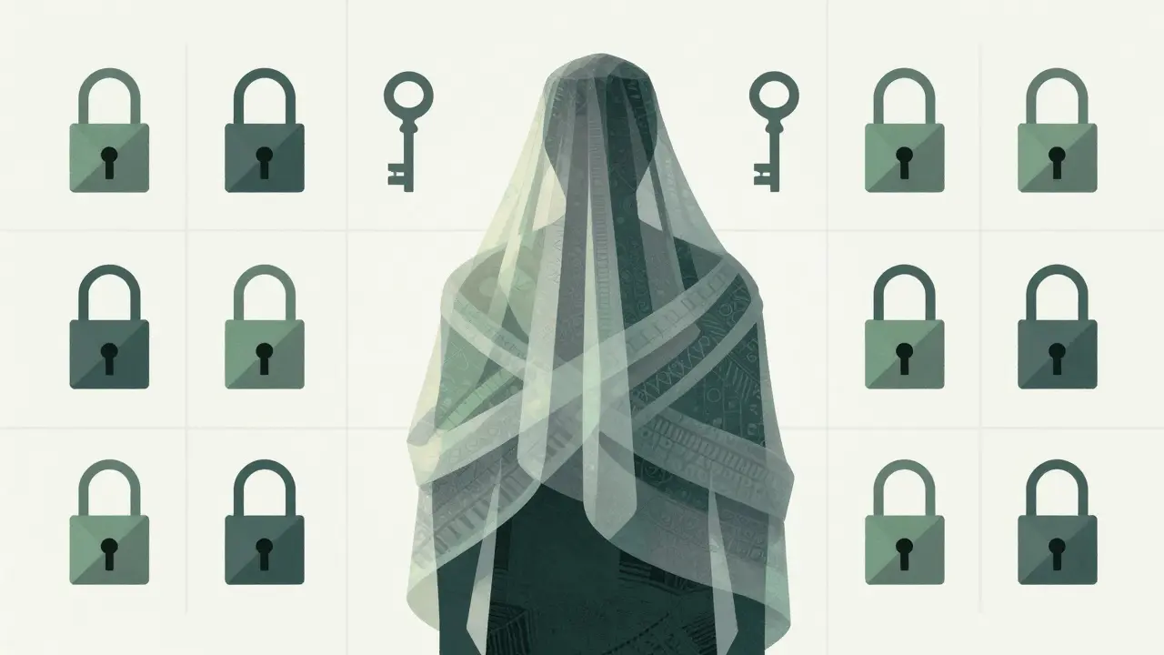Figure wrapped in veils with geometric locks, stylized