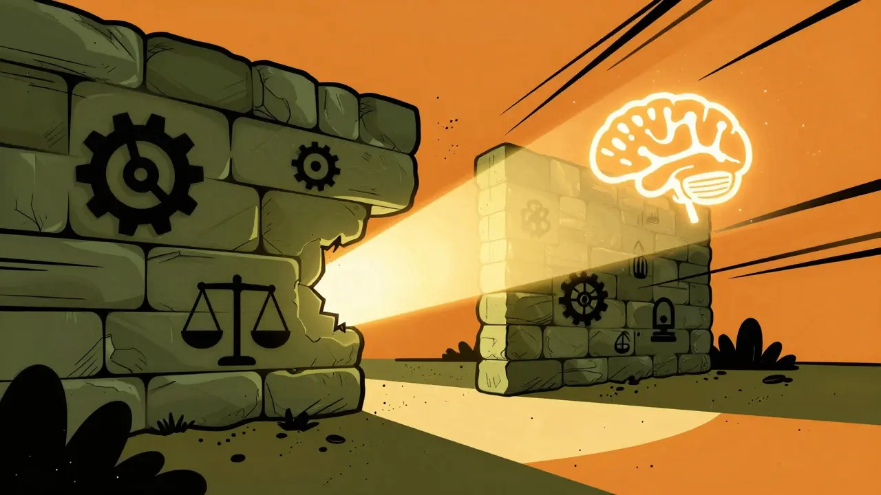 Golden light piercing bureaucratic wall symbolizing AI regulatory aid