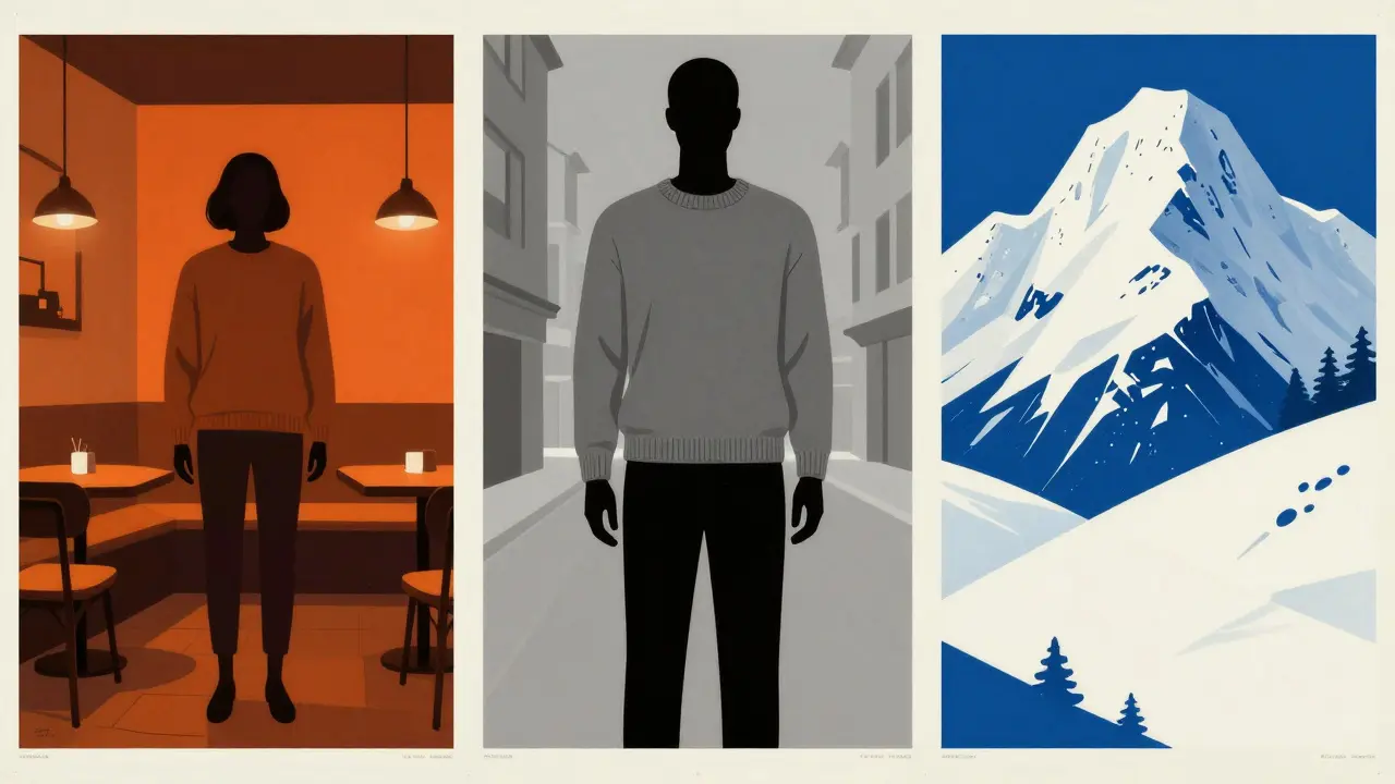 Graphic illustration of a sweater in three different lifestyle scenes merged together.