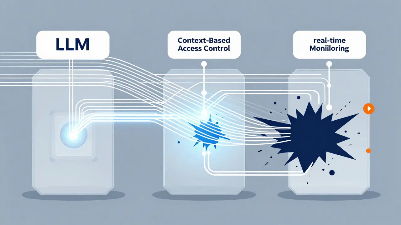 Graphic illustration of data streams passing through security filters in a stylized design.