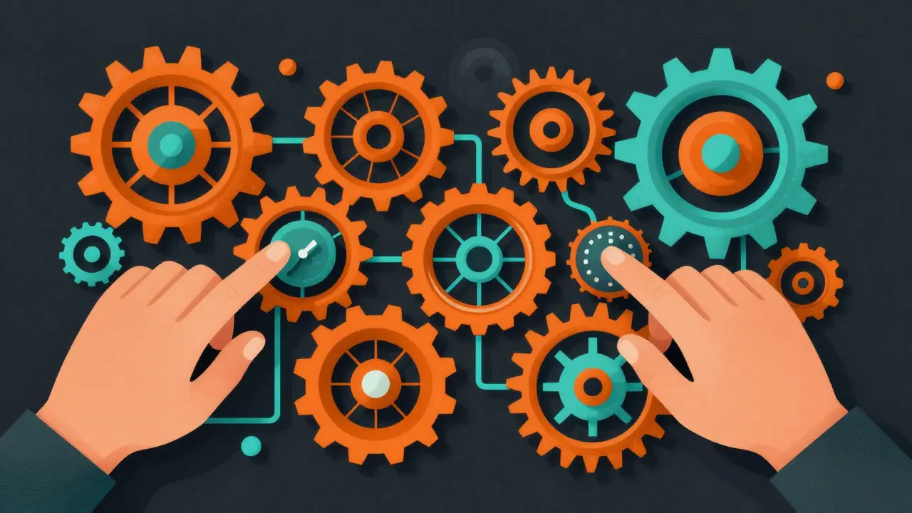 Hands managing a network of gears representing AI governance and control
