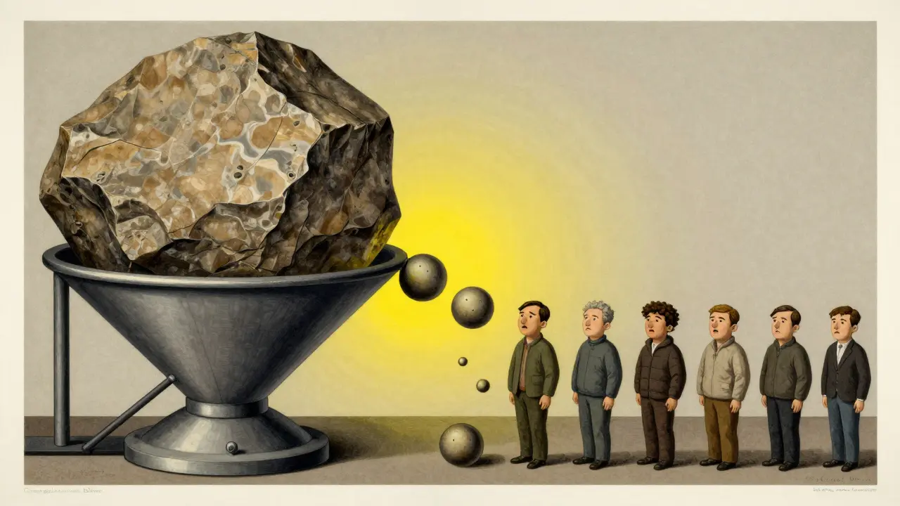 Large boulders blocking a funnel, illustrating how big requests delay smaller ones in queues.