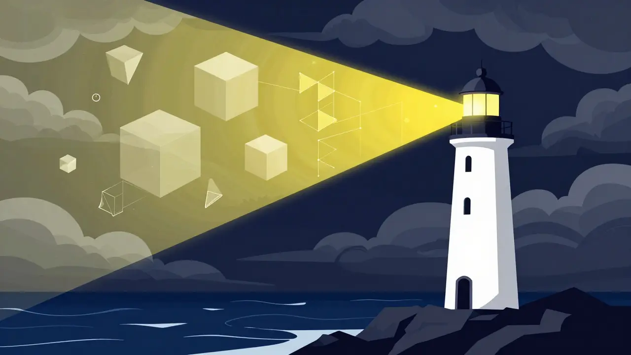 Lighthouse beam revealing geometric shapes from storm clouds in Polish poster style