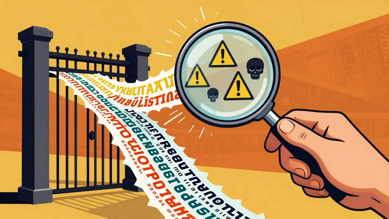 Magnifying glass revealing hidden threats in text flow, illustrating prompt security scanning.