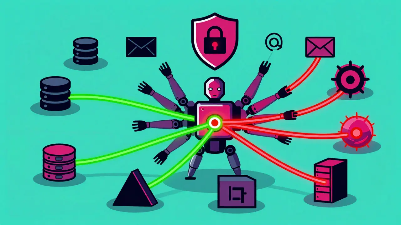 Multi-armed AI connecting to APIs with color-coded security alerts, showing tool monitoring.