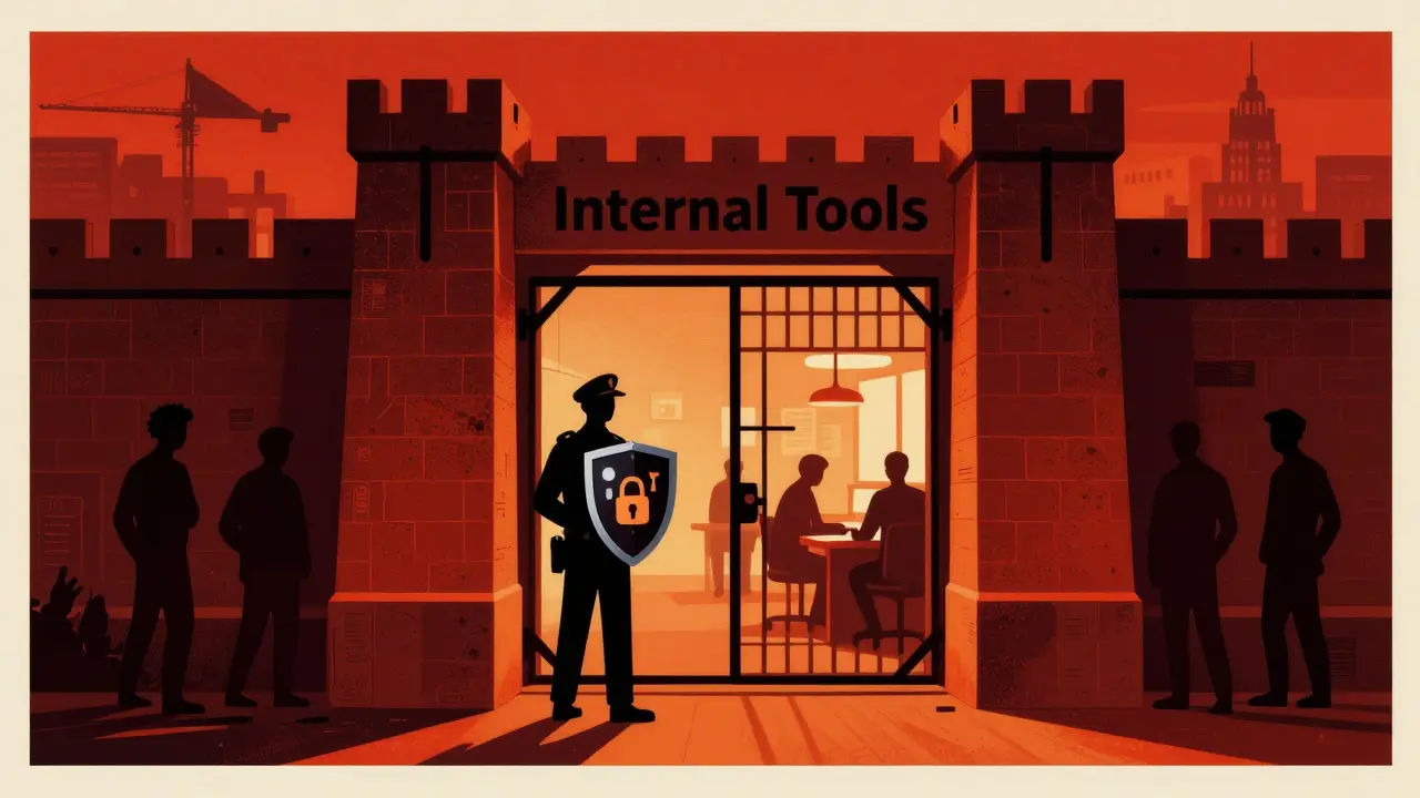 Poster art showing a fortified internal tool gateway protecting employee data from outsiders.