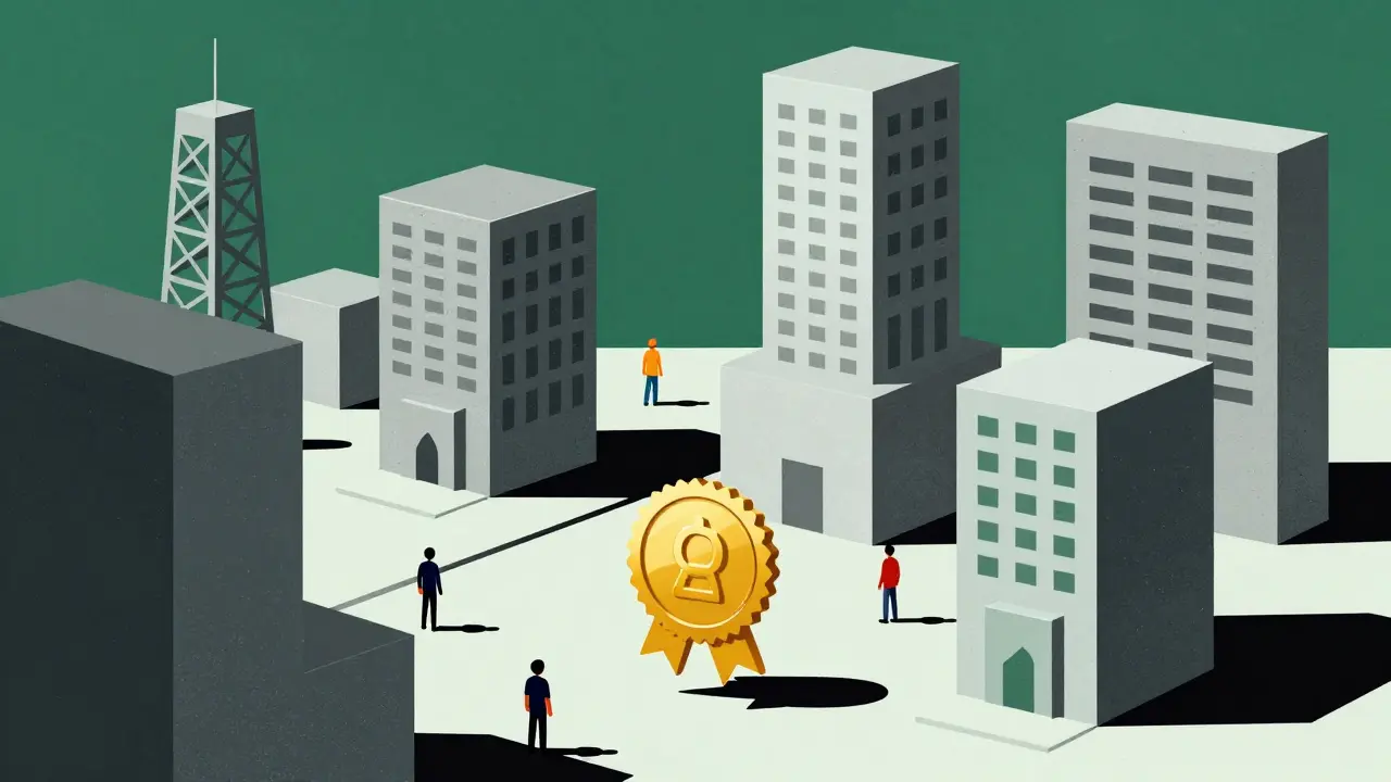 Regulatory towers looming over businesses with a floating compliance seal