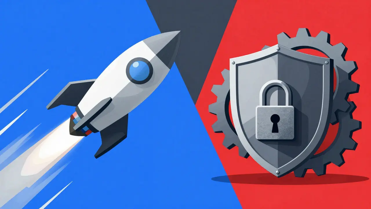 Rocket and gears symbolizing speed and safety balance