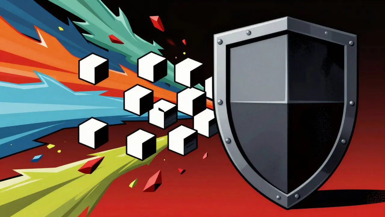 Shield filtering dangerous data shards, graphic illustration