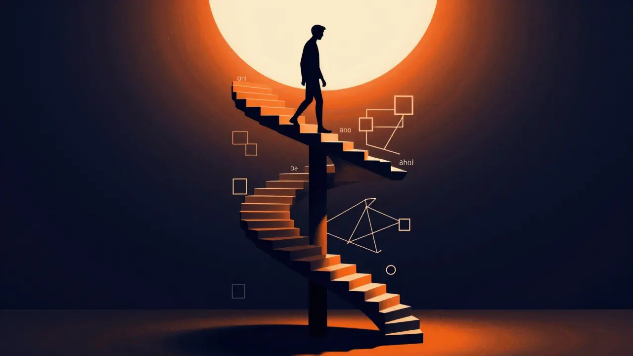 Spiral staircase ascending with evolving geometric shapes symbolizing logical reasoning