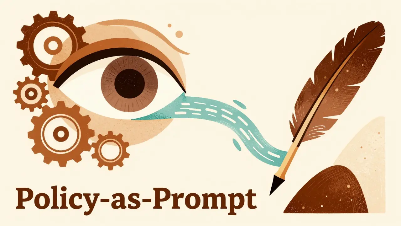 Stylized eye and quill pen overseeing data flow in warm, artistic tones.
