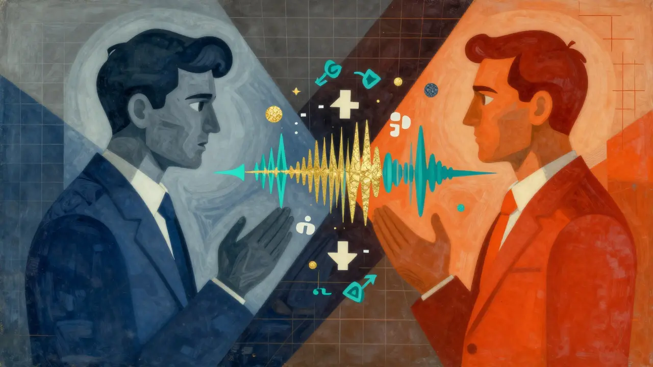 Stylized figures exchanging emotion symbols in geometric Polish poster art