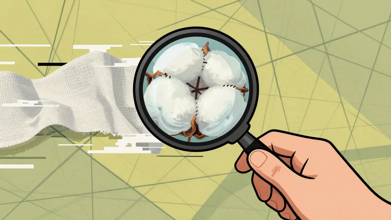 Stylized hand with magnifying glass revealing distorted fabric textures and AI errors.