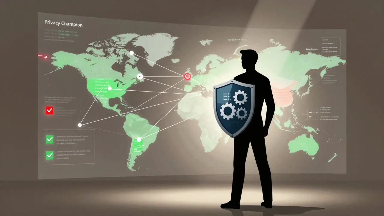 Stylized hero guarding a dynamic, living data flow network