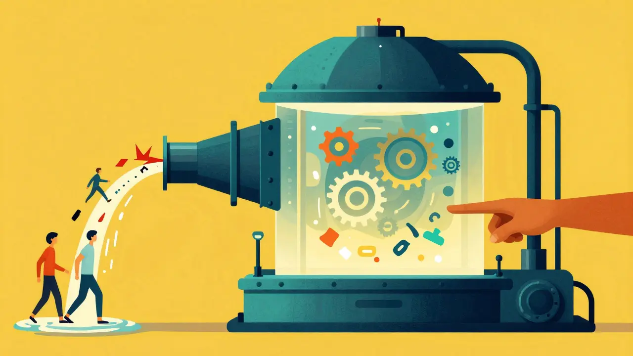 Stylized illustration of a tiered content moderation pipeline filtering user inputs.