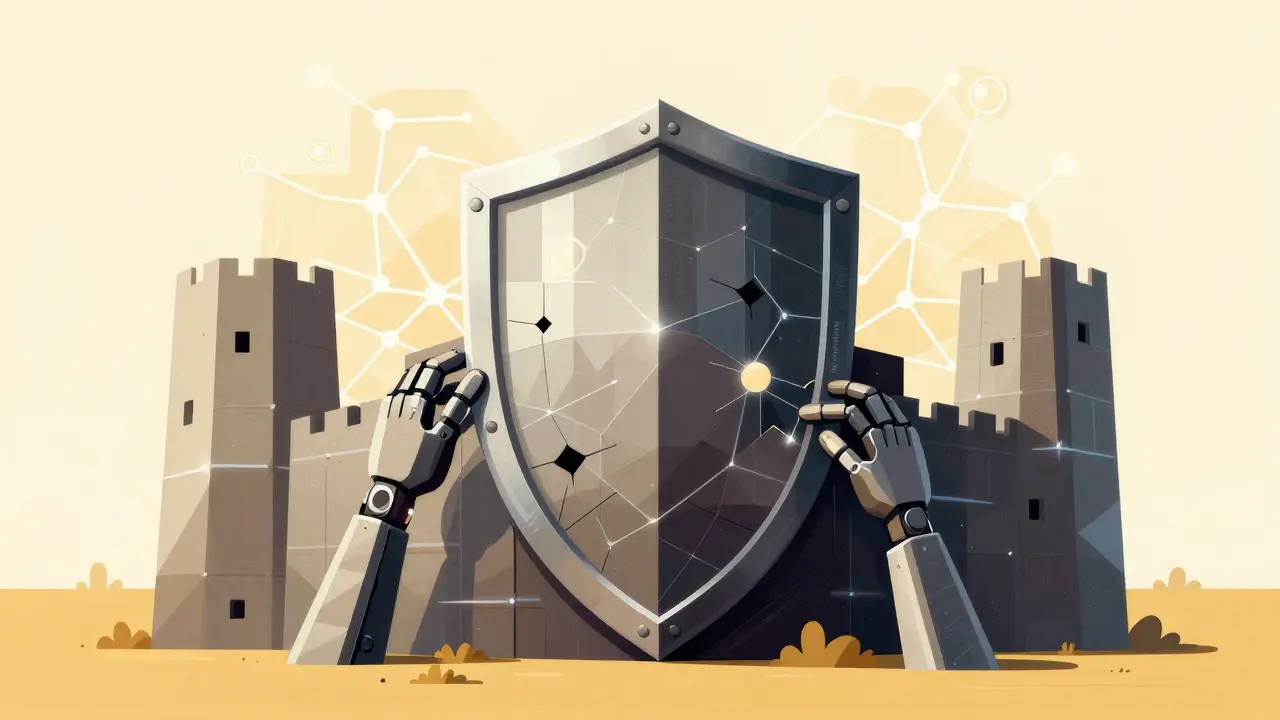 Stylized shield protecting neural network with geometric repair elements