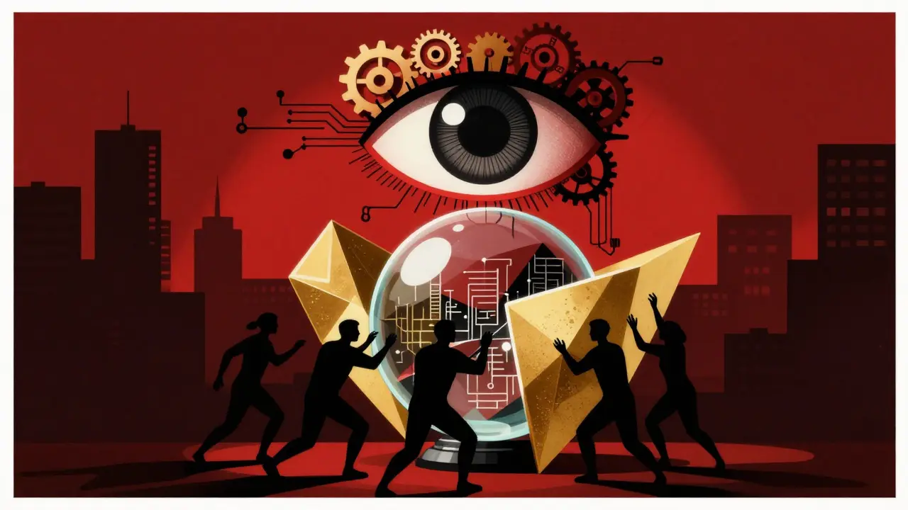 Symbolic art of a mechanical eye protecting a sphere of data structures