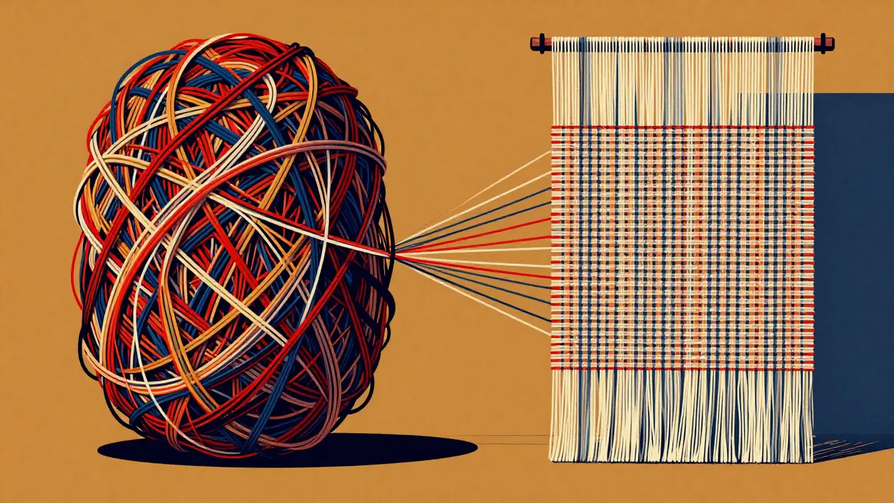Tangled threads becoming neat tapestry symbolizing model compression