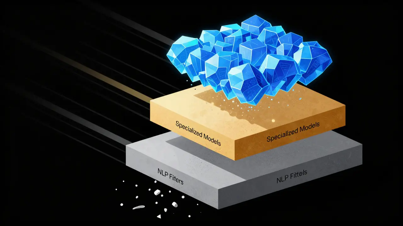 Three-layered architectural blocks filtering data streams in bold colors.