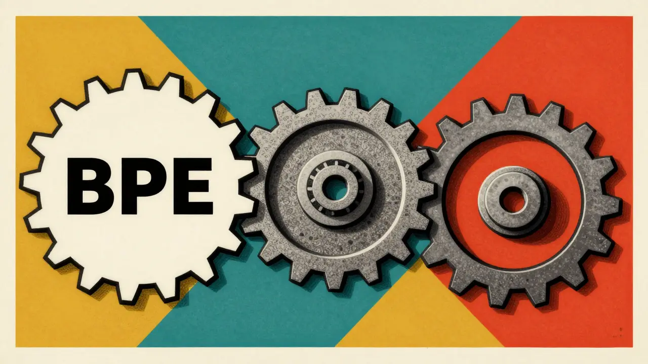 Three stylized gears representing different tokenization algorithms in bold colors