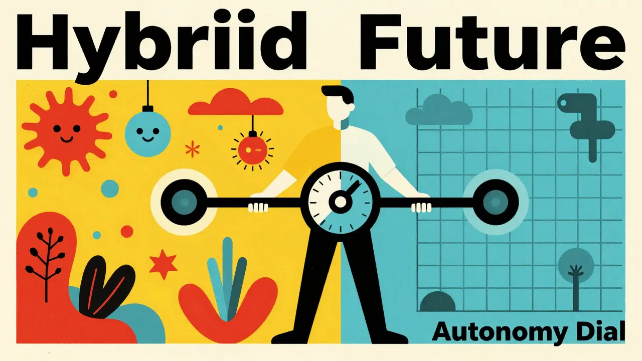 A developer balancing a dial between creative chaos and structured automation, illustrating hybrid AI workflows.