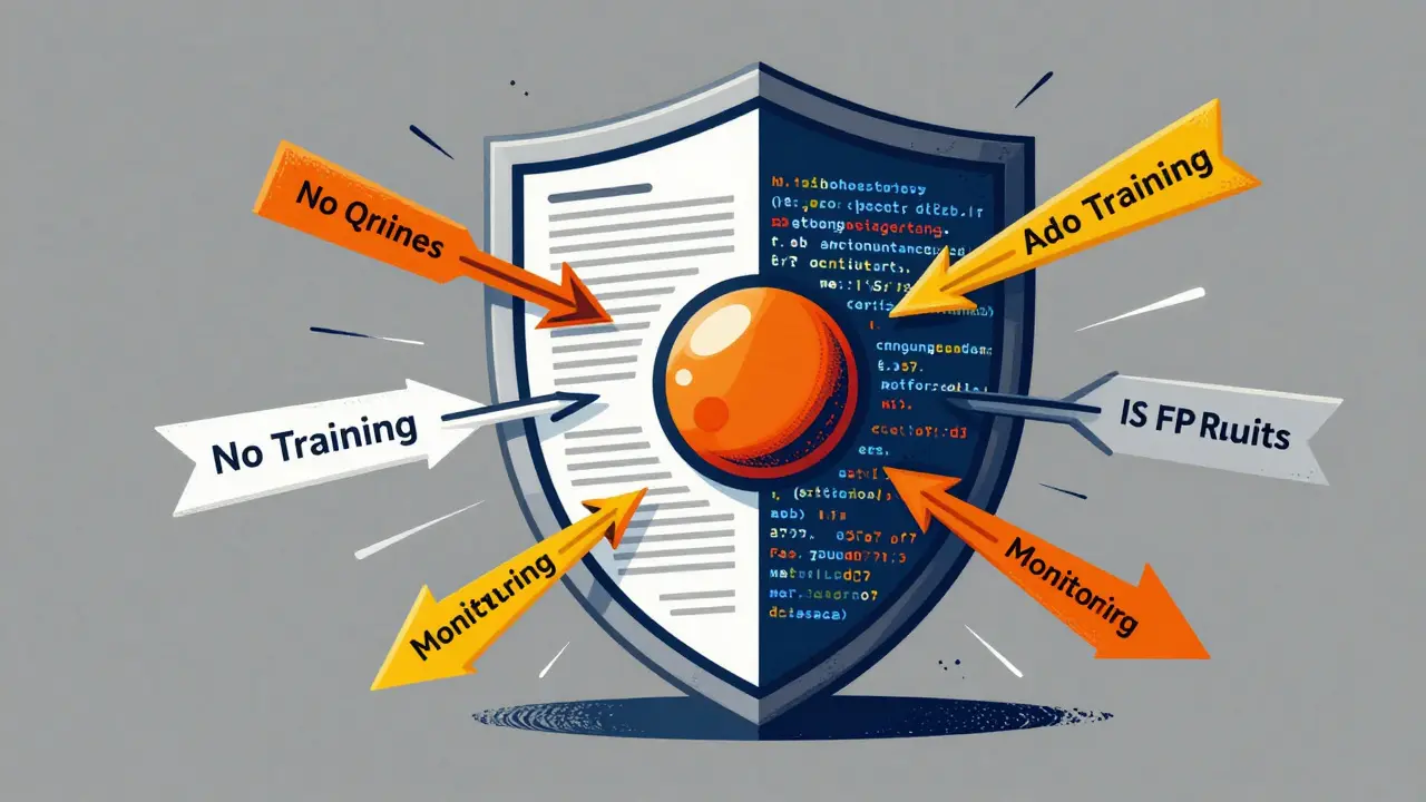 A shield of contracts and code protecting data assets from cyber threats.
