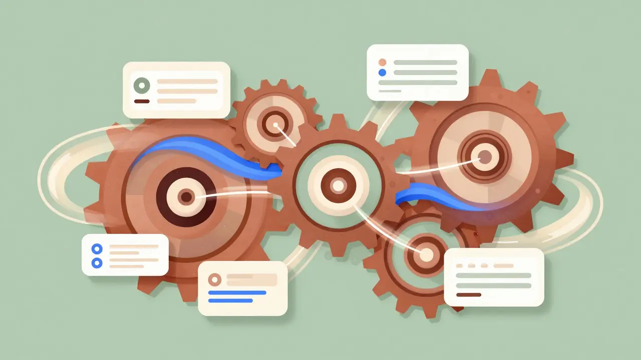 Abstract gears made of UI elements and light ribbons
