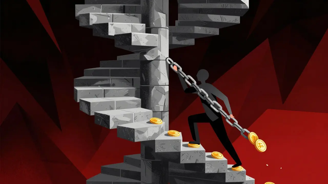Abstract illustration of a figure climbing a heavy, expanding spiral staircase, representing rising AI costs.