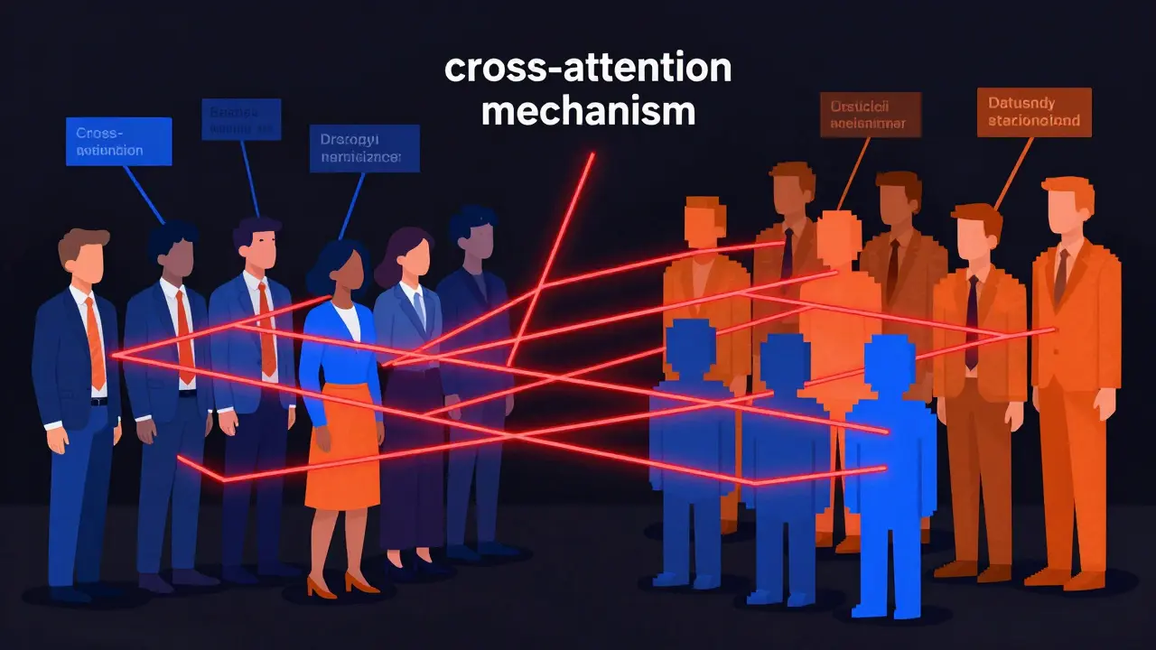 Abstract illustration of neural network threads filtering diverse people into biased caricatures.