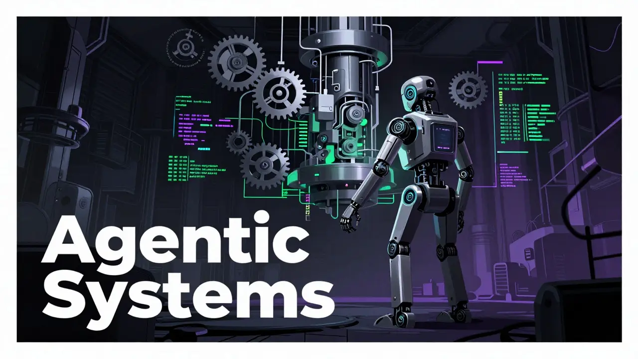 Abstract robotic agent autonomously assembling complex machinery in a dark, industrial setting, symbolizing agentic systems.