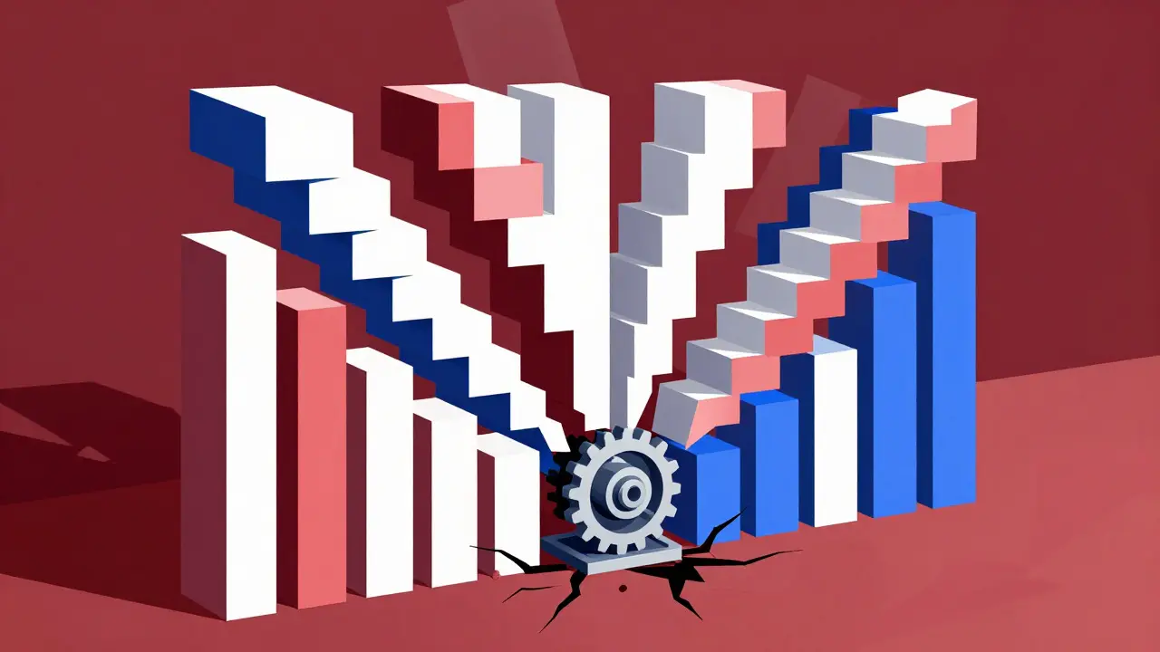 Abstract tower of blocks pressing on gears, symbolizing GPU memory constraints