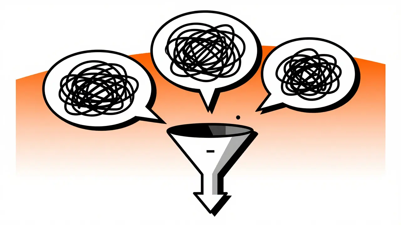 Chaotic speech bubbles compressed into a single sharp arrow via geometric funnels.