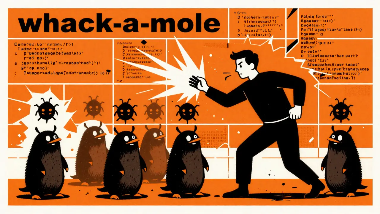 Chaotic whack-a-mole game with bug icons, illustrating debugging traps