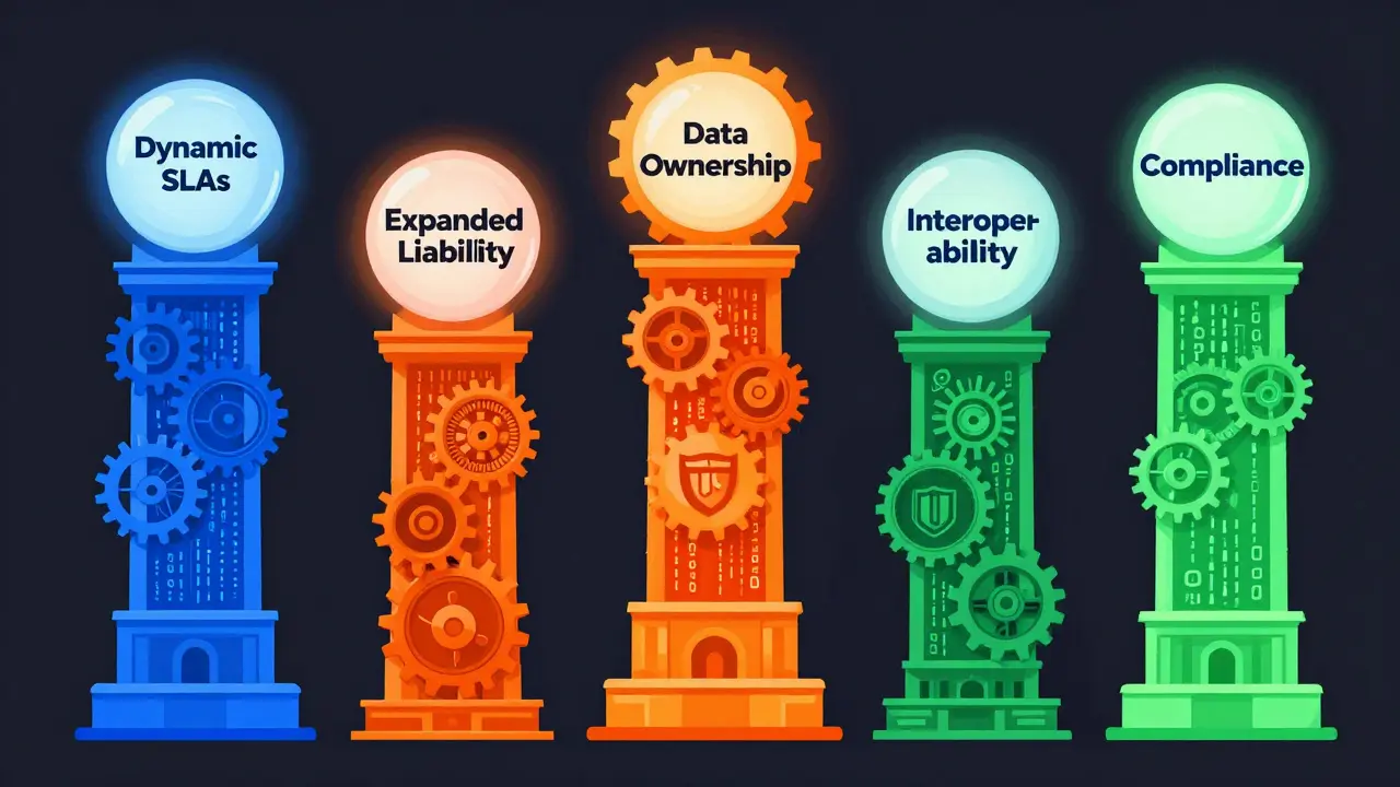 Five colorful pillars supporting spheres representing AI contract pillars