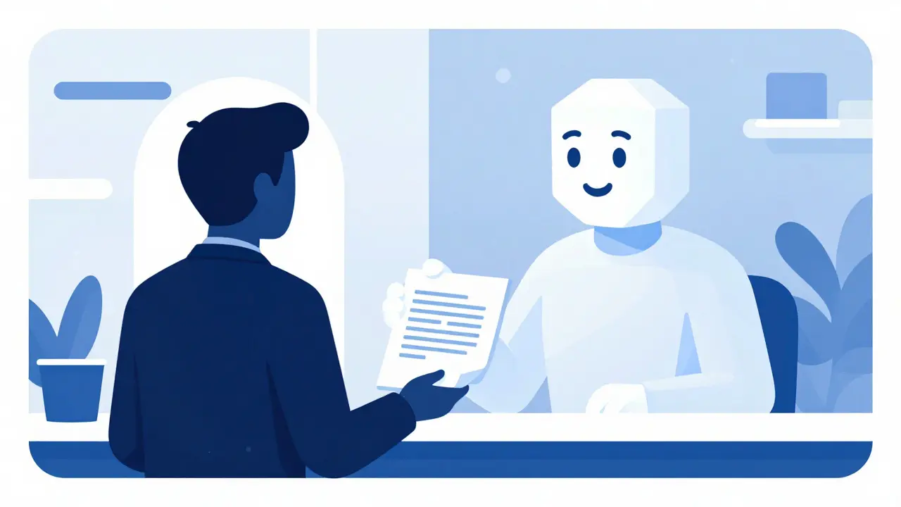 Friendly AI assistant welcoming a new hire in stylized illustration