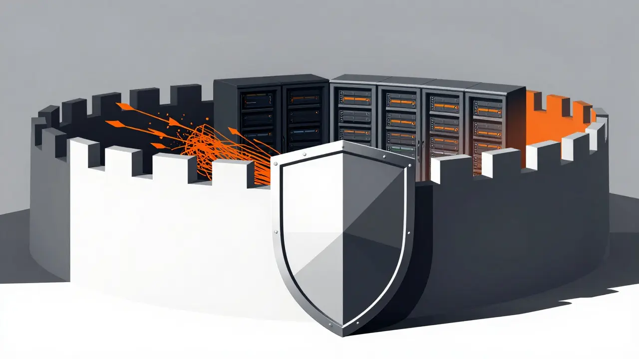 Geometric shield blocking attack arrows protecting a server room