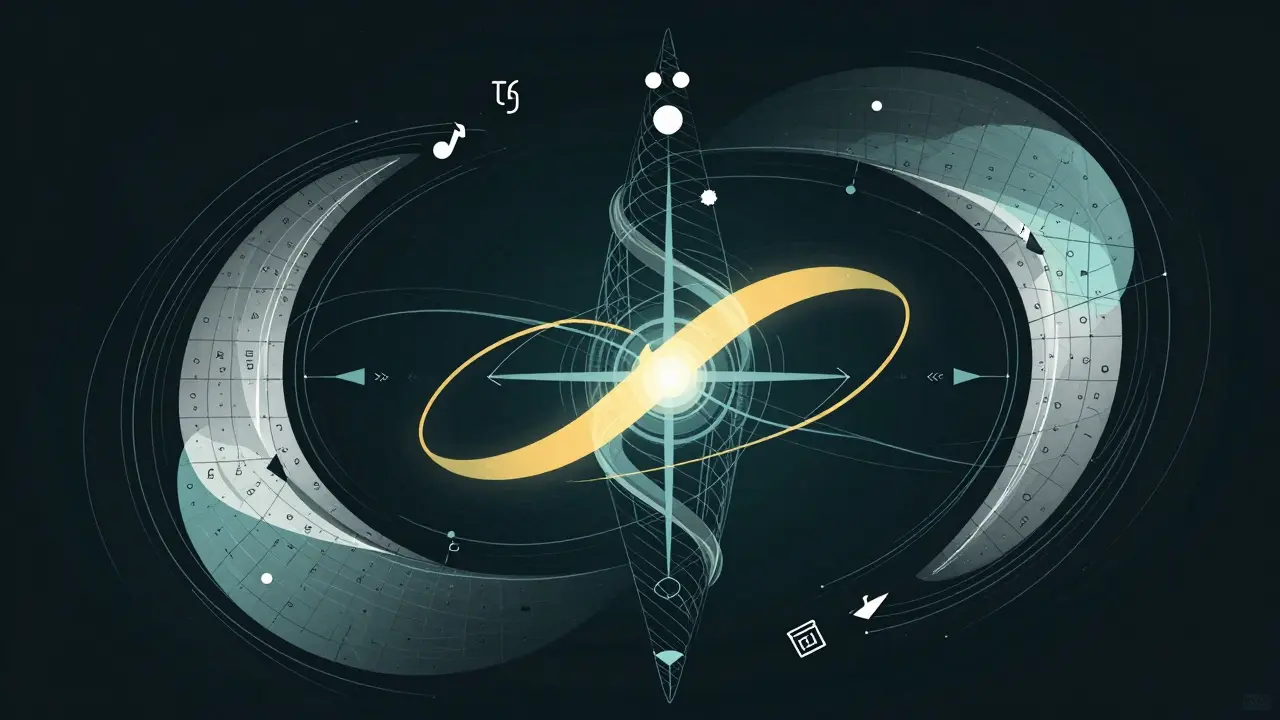 Graphic art showing rotating spirals and vectors for AI positional encoding.