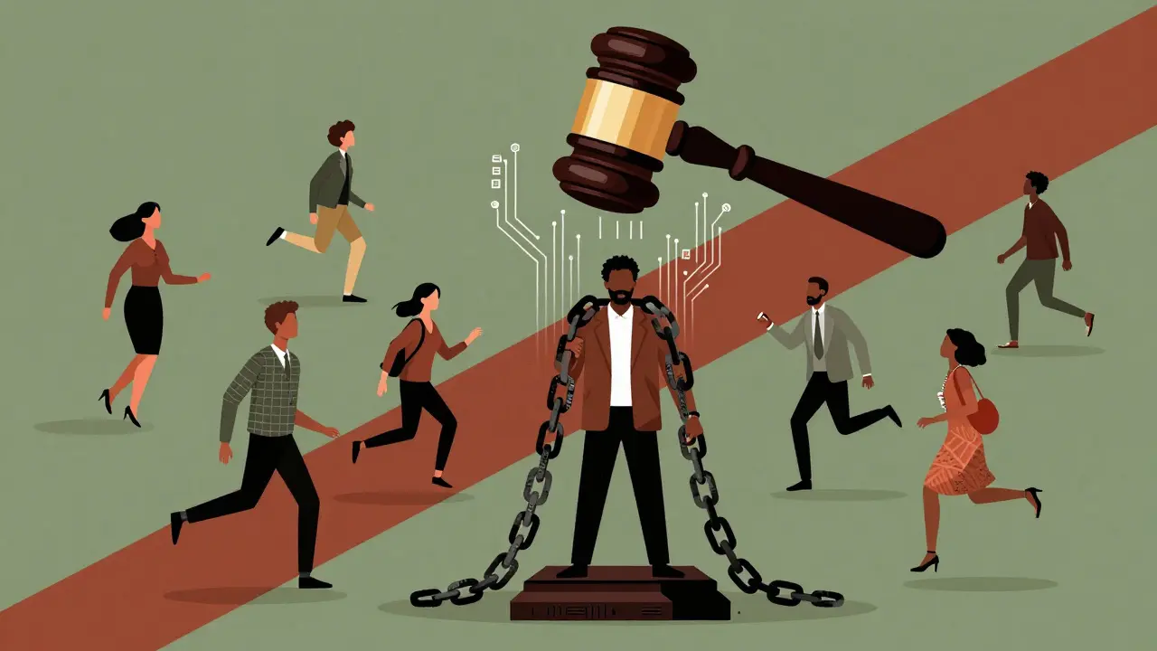 Graphic design depicting a Black man weighed down by bias chains under a digital gavel.