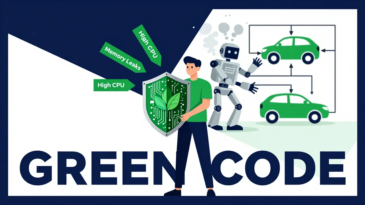 Graphic of a developer protecting against inefficiencies with a green circuit shield, while a tamed AI flows into a hybrid car, representing Sustainable Green Coding.