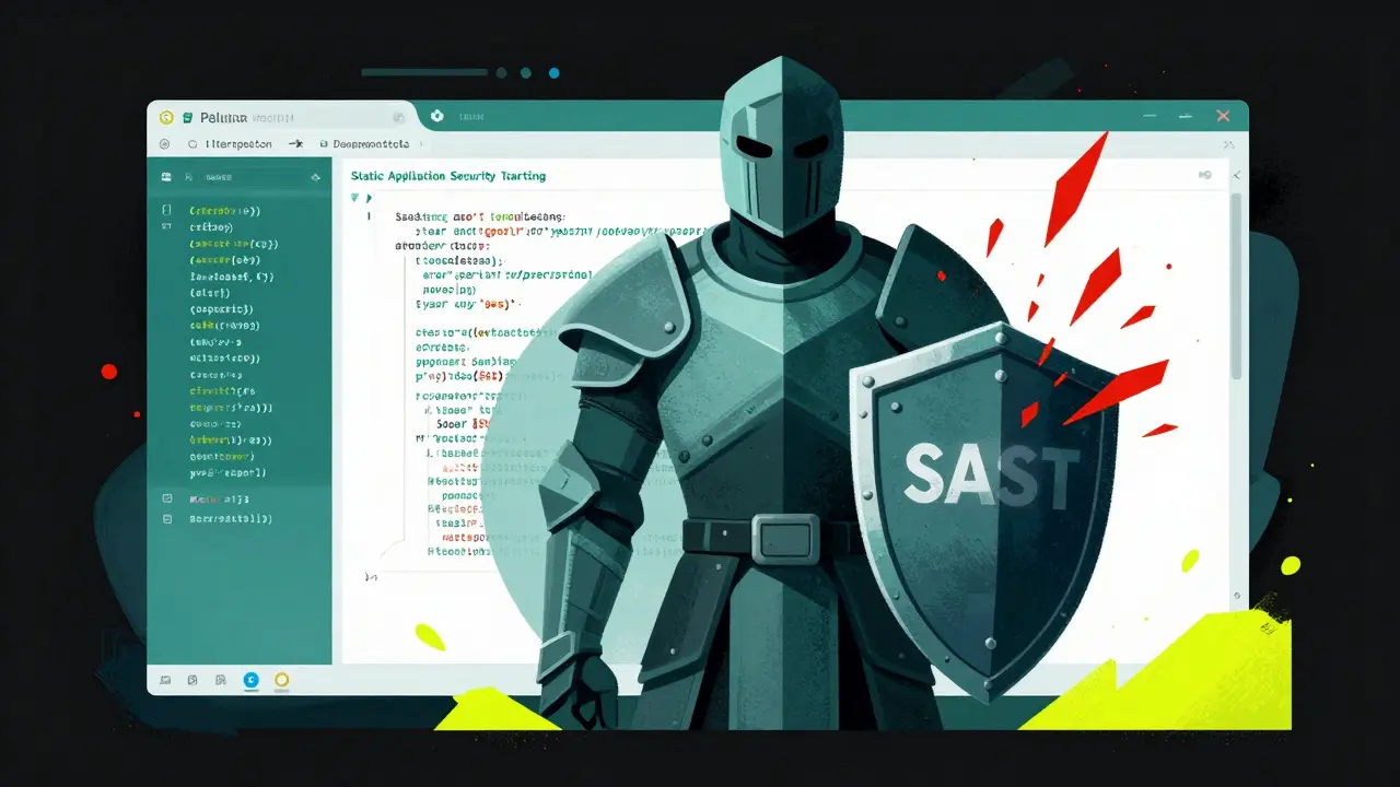 Guardian figure shielding code from vulnerabilities in a stylized IDE