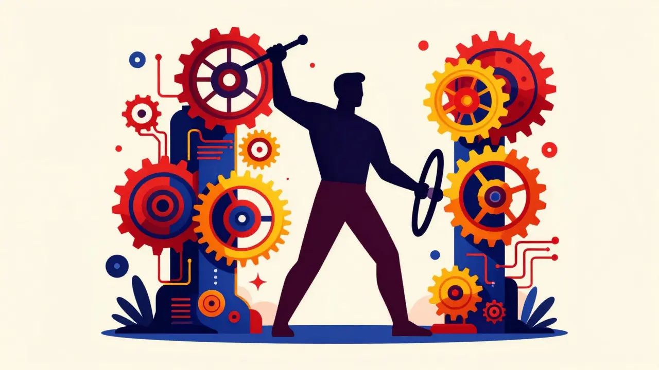 Human figure controlling complex machinery, symbolizing AI as force multiplier