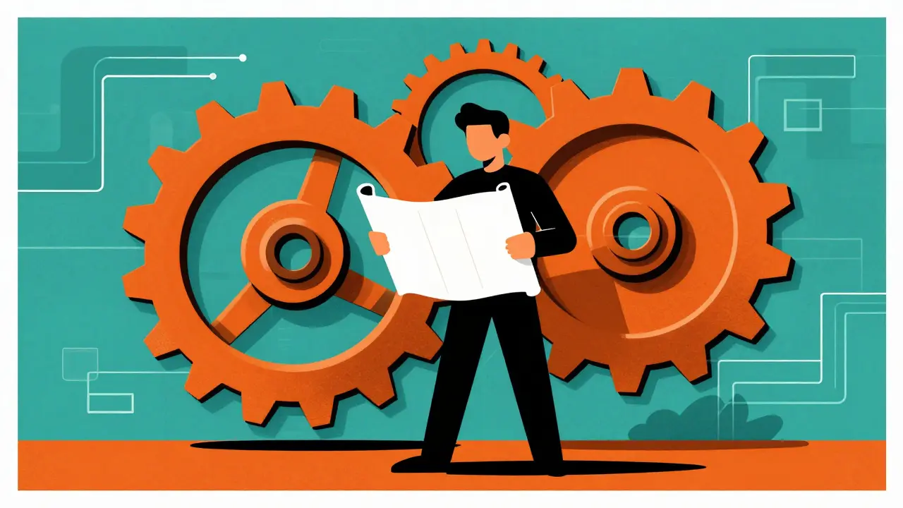 Human figure controlling large mechanical gears with a blueprint