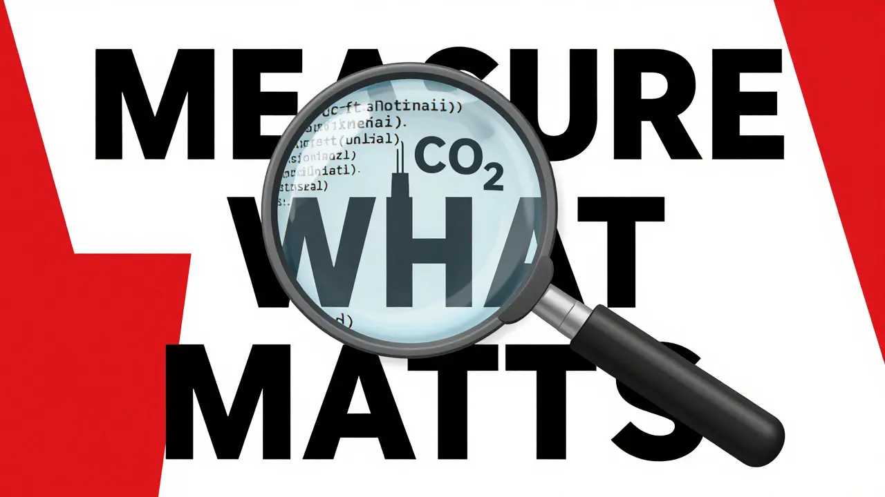 Illustration of a magnifying glass revealing CO2 emissions from code lines, set against a stark background with bold typography, symbolizing carbon measurement tools.