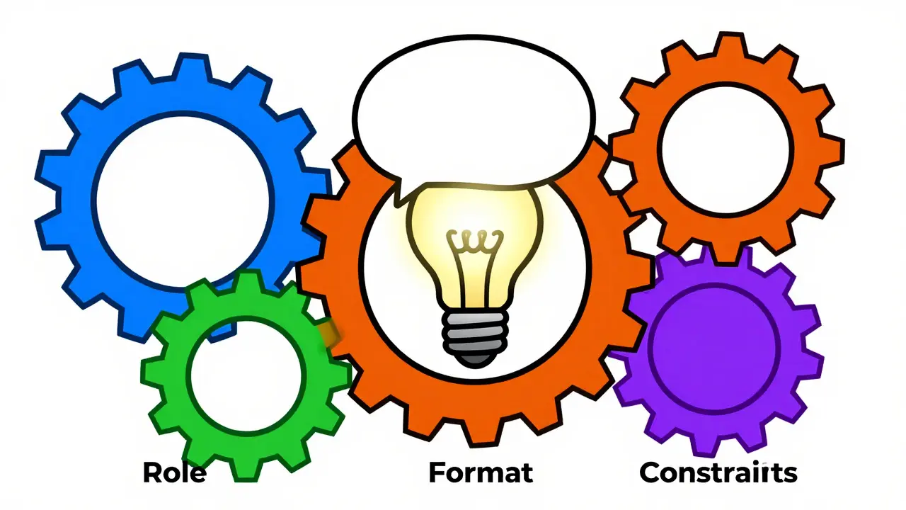 Interlocking colorful gears driving a speech bulb, symbolizing structured AI prompts