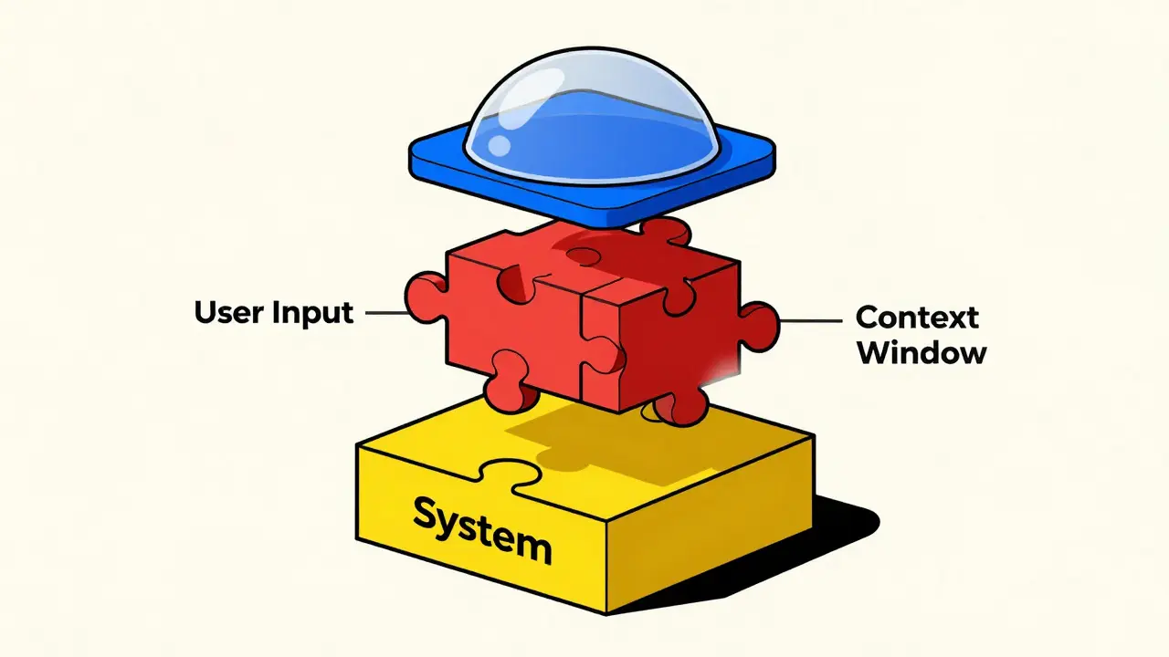 Layered geometric blocks representing system, user, and context in prompts