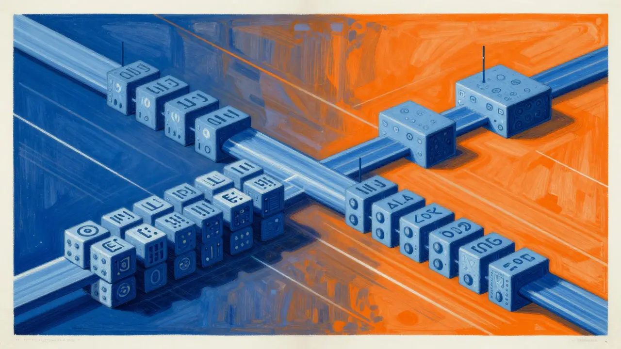 Merging streams of compressed data and models showing hybrid efficiency.
