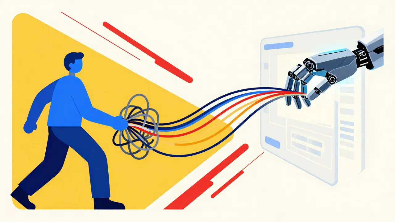 Robot organizing chaotic wires into neat streams in bold graphic art