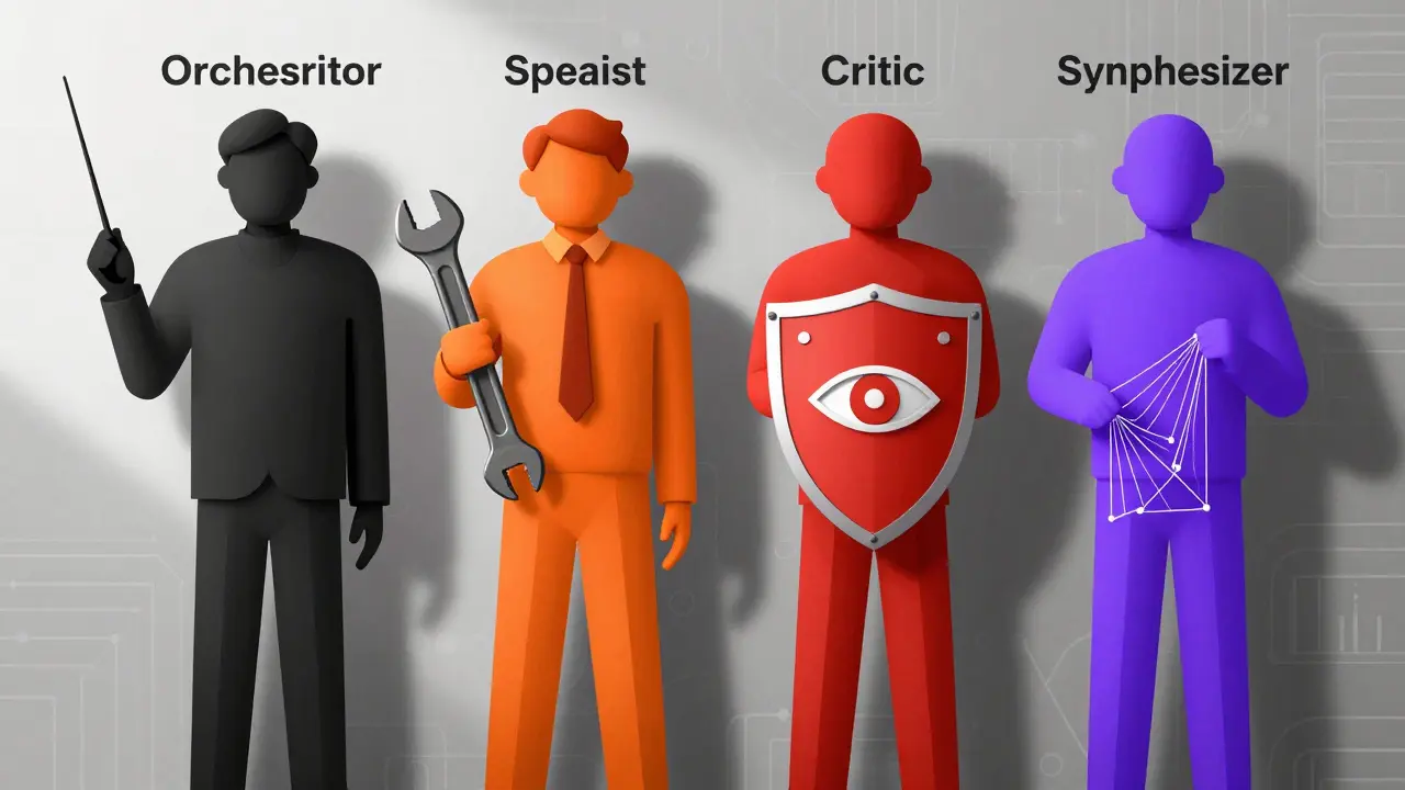 Stylized figures representing specific roles in an AI agent team