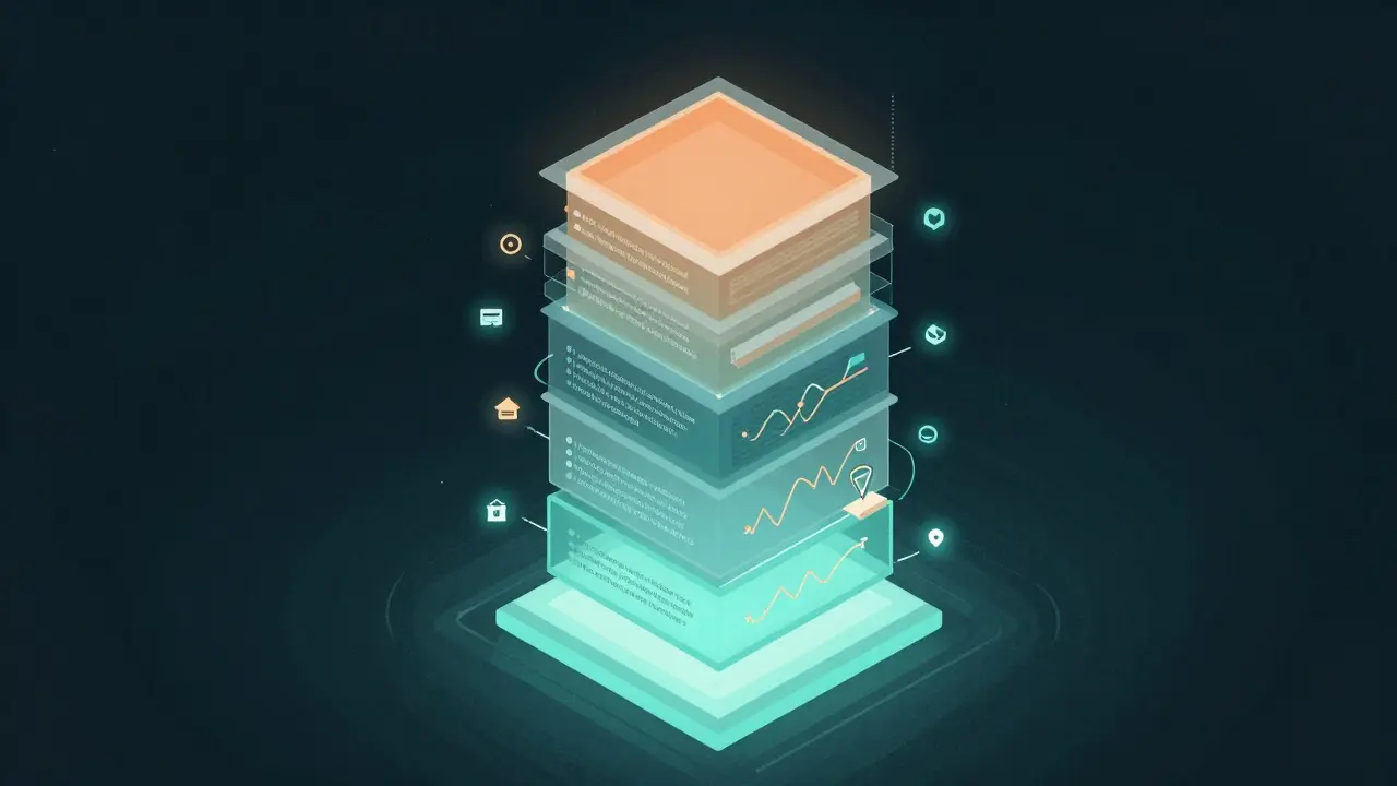 Stylized stack of transparent layers symbolizing detailed experiment logs
